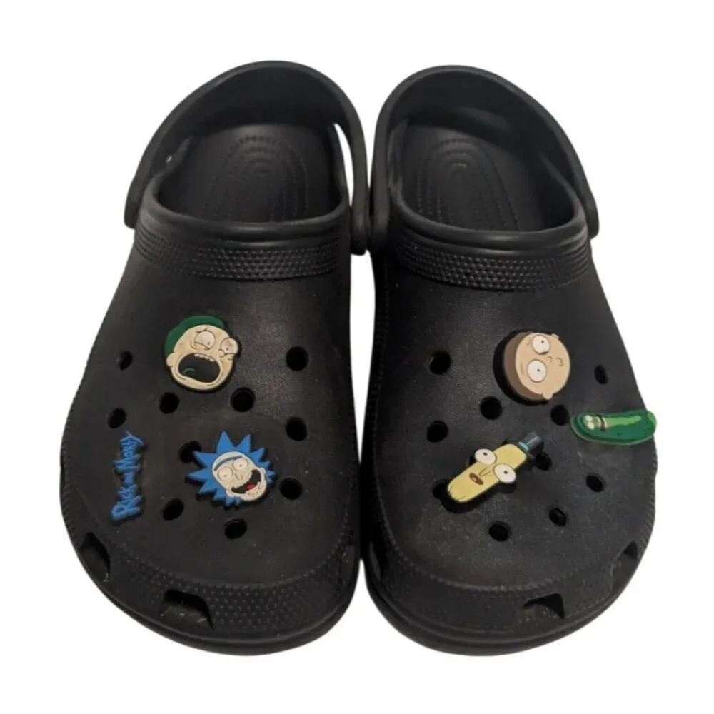 Crocs Classic Clogs Black Mens 9 Womens 11 with Rick and Morty Jibbitz Charms